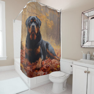 Rottweiler in de herfst geïnspireerd door vallende douchegordijn