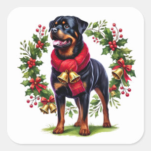 Rottweiler in een kerstkrans met klokken vierkante sticker
