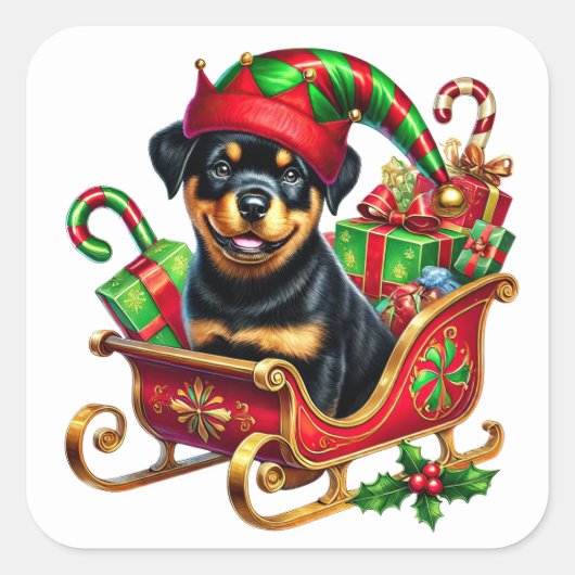 Rottweiler in kerstslee gevuld met cadeaus vierkante sticker (Voorkant)