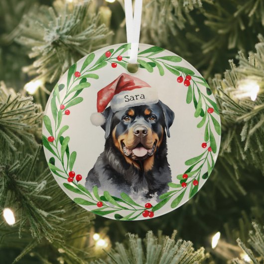 Rottweiler Kerst Gepersonaliseerde Monogram Naam Glas Ornament (Insitu)