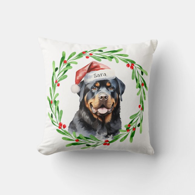 Rottweiler Kerst Gepersonaliseerde Monogram Naam Kussen (Voorkant)