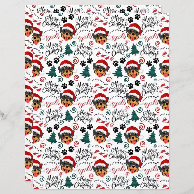 Rottweiler Kerst Scrapbook Papier in Wit (Voorkant / Achterkant)