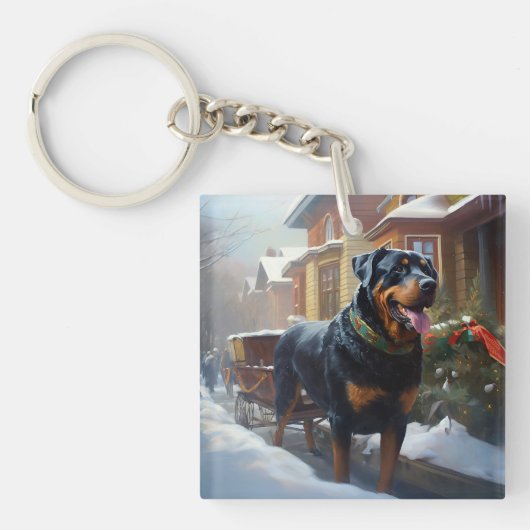 Rottweiler Kerstfeest Seizoen Sleutelhanger (Voorkant)