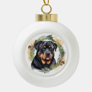 Rottweiler Kerstkrans Feestelijke Pup Keramische Bal Ornament