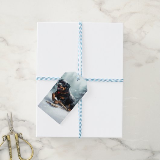 Rottweiler Kerstsneeuw winter Sierkussen Cadeaulabel (Met Touw)