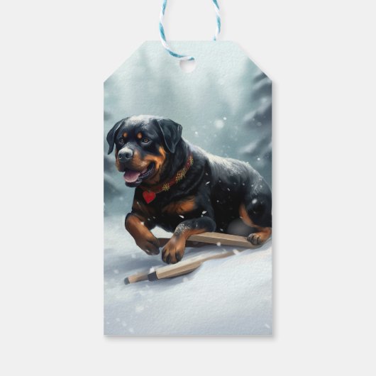 Rottweiler Kerstsneeuw winter Sierkussen Cadeaulabel (Achterkant)