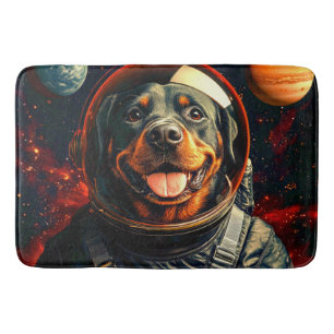 Rottweiler onderzoekt badmat