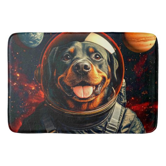 Rottweiler onderzoekt badmat (Voorkant)