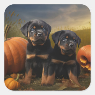 Rottweiler Pup Autumn Delight Pompoen Vierkante Sticker