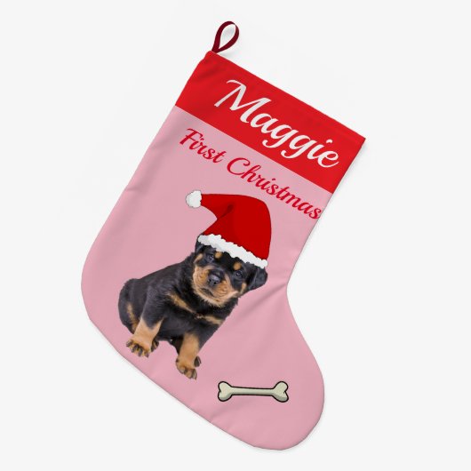 Rottweiler Puppy First Kerstmis Grote Kerstsok (Voorkant (Hangend))