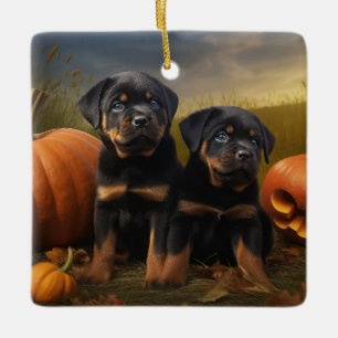 Rottweiler Puppy Herfst Plezier Pompoen Keramisch Ornament