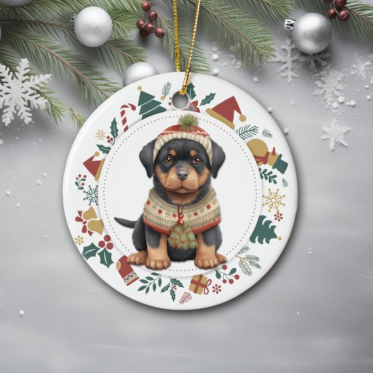 Rottweiler Puppy in Winter Sweater Kerstmis Keramisch Ornament