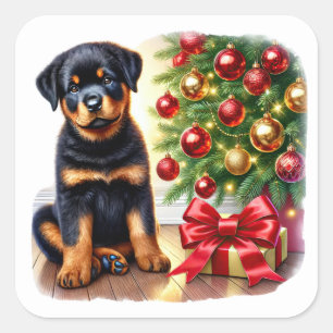 Rottweiler puppy naast een kerstboom vierkante sticker