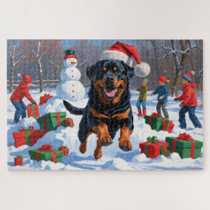 Rottweiler Rent in de Sneeuw met Kerstmuts Legpuzzel