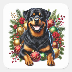 Rottweiler te midden van kerstversieringen vierkante sticker