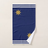 Roue de bateau dorée et rayures sur fond bleu mari (Serviette à main)