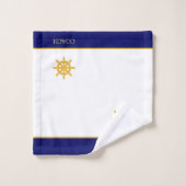 Roue de direction et texte en bleu et blanc (Gant de toilette)