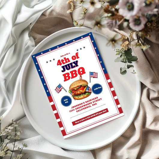 Rouge Blanc Bleu 4 juillet Invitation Pique-Nique 