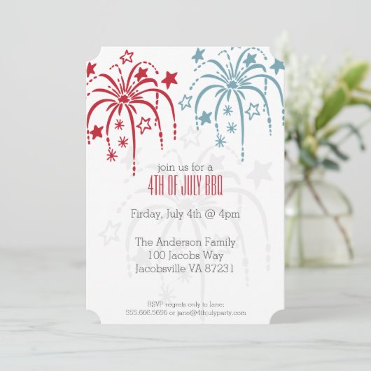 Rouge Blanc & Bleu Fireworks 4 juillet Invitations (Debout devant)