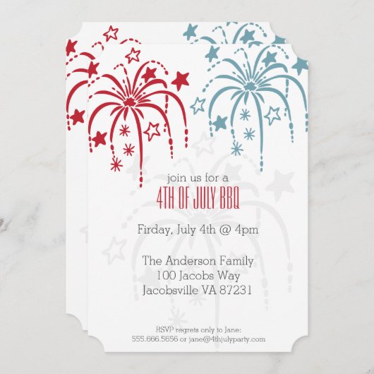 Rouge Blanc & Bleu Fireworks 4 juillet Invitations (Devant / Derrière)