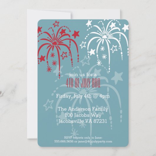 Rouge Blanc & Bleu Fireworks 4 juillet Invitations (Devant)