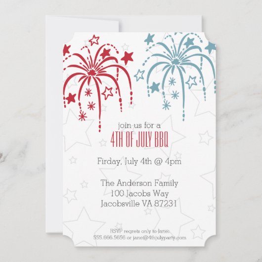 Rouge Blanc & Bleu Fireworks 4 juillet Invitations (Devant)