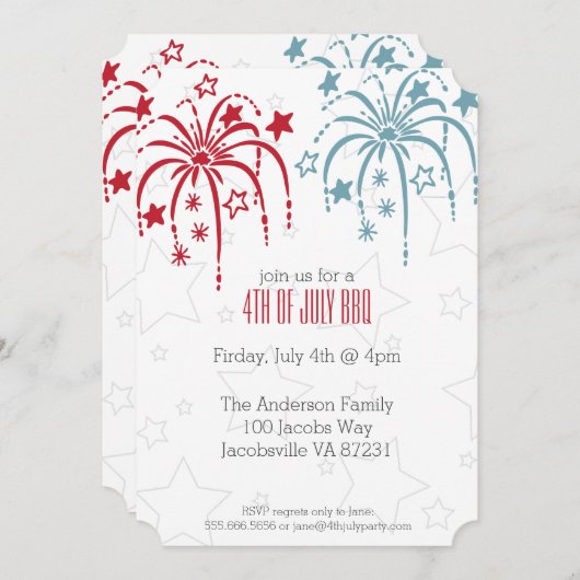 Rouge Blanc & Bleu Fireworks 4 juillet Invitations (Devant / Derrière)