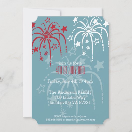 Rouge Blanc & Bleu Fireworks 4 juillet Invitations (Devant)