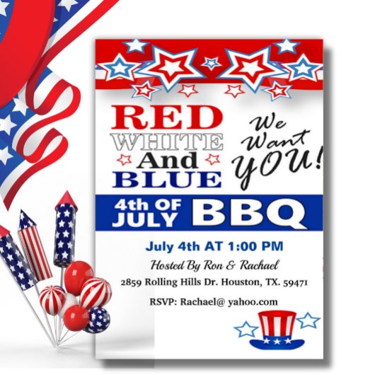 Rouge Blanc Et Bleu 4 juillet Barbecue Invitation