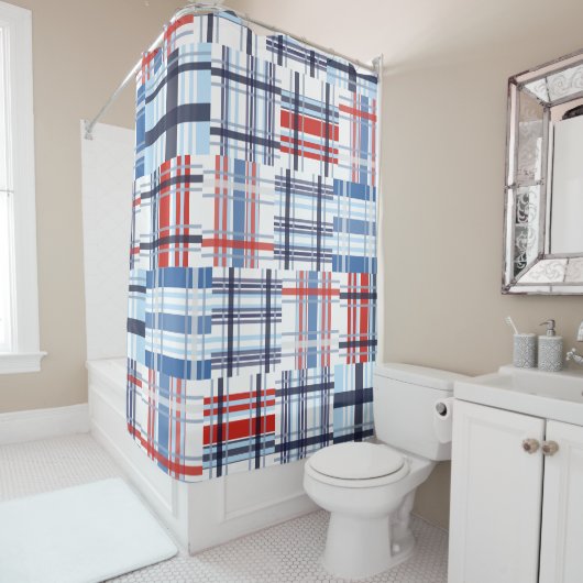 Rouge, Blanc et bleu Madras Douche rideau (En situation)