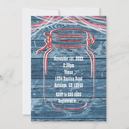 Rouge blanc et bleu Mason Jar Invitations rustique (Dos)