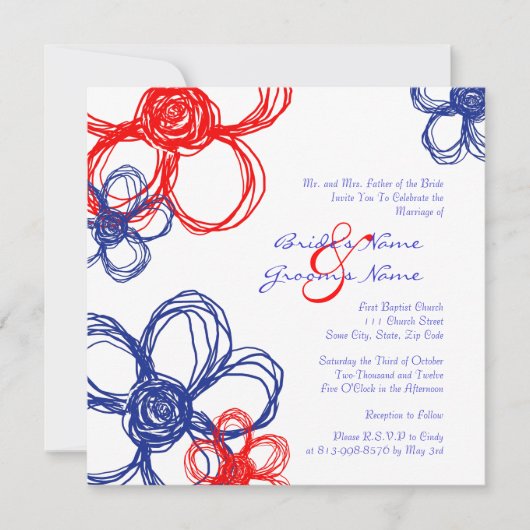 Rouge, blanc, Faire-part de mariage de fleurs sauv (Devant)