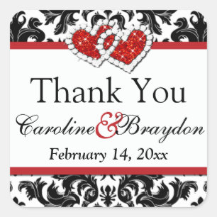 Rouge Blanc Noir Damas, Coeurs 1.5" Sq. Sticker 2