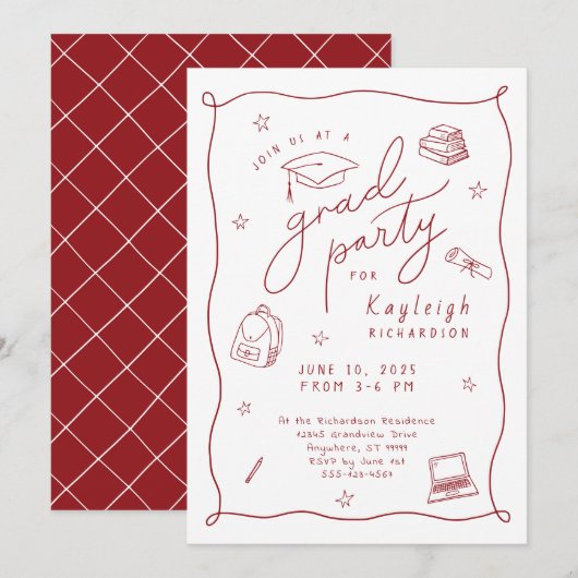 Rouge Blanc Rétro Main Tirée Grad Party Invitation (Devant / Derrière)