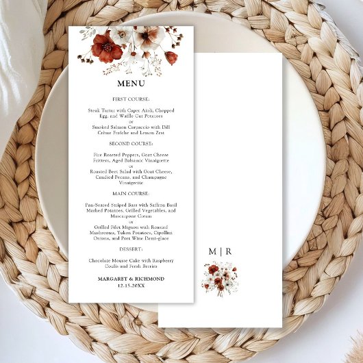 Rouge Blanc Rustique Aquarelle Floral Menu Mariage