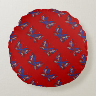 Rouge Bleu Bleu Papillon-Rouge Coussin rond