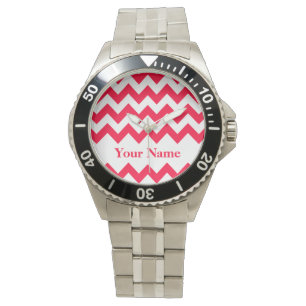Rouge Bold Chevron met monogram Horloge