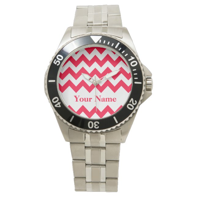 Rouge Bold Chevron met monogram Horloge (Voorkant)