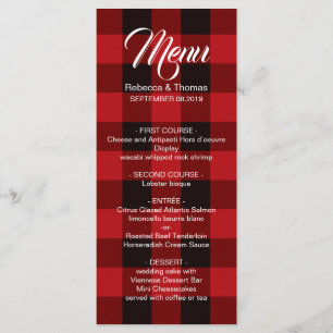 rouge buffle plaid rustique menu de mariage d'hive