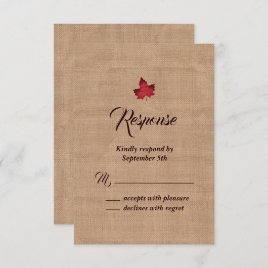 Rouge Burlap Maple Leaf RSVP (Devant / Derrière)