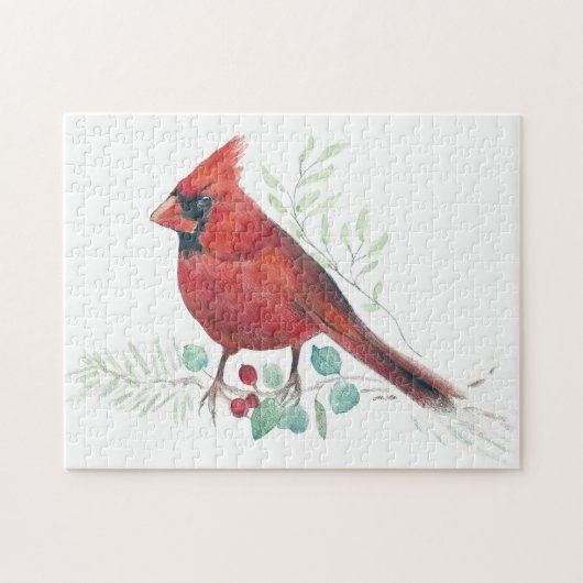 Rouge Cardinal Oiseau Aquarelle Art Puzzle (Horizontal)