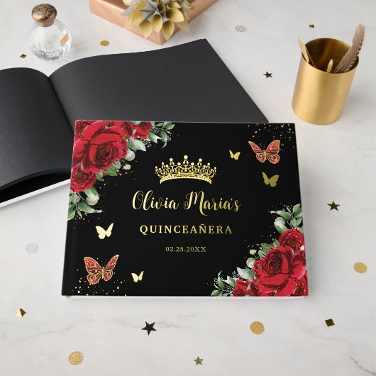 Rouge Chic Papillons Floraux Quinceanera Noir Or (Recto ouvert)