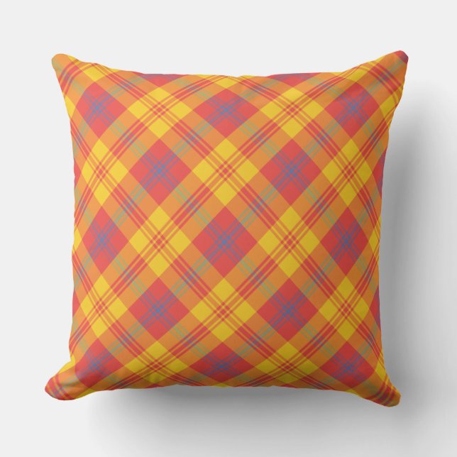 Rouge clair Jaune et Bleu Plaid Coussin ou coussin (Recto)