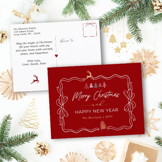 Rouge classique : Bow & Trees Doodles Carte postal