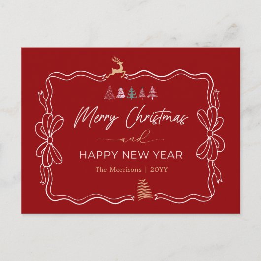 Rouge classique : Bow & Trees Doodles Carte postal (Devant)