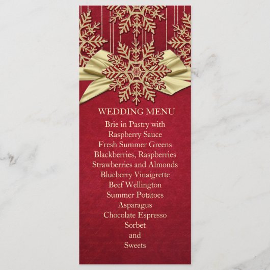 Rouge Damask Snowflakes Gold Ribbon Mariage Menu (Devant)