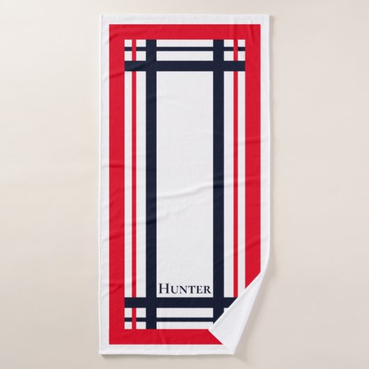 Rouge Élégant et Rayé Navy Monogrammé (Serviette de bain)