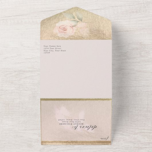 Rouge en Gouden Pampagras Bruiloft All In One Uitnodiging (Buitenkant)