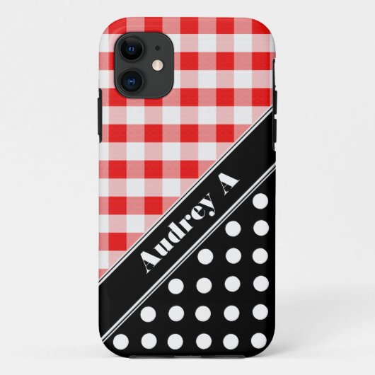 Rouge En vichy Noir Polka Dot iPhone 5 Coque (Dos)