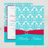 Rouge et invitation de mariage damassé d'Aqua (Devant / Derrière)